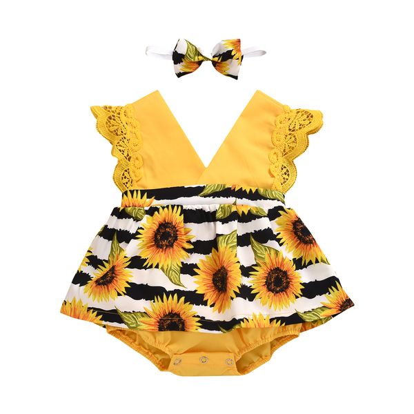 

0-24m newborn baby girls romper dress sunflowers print lace sleeve v neck jumpsuits headband 2pcs, Blue