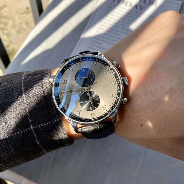 

40mm men's watch stainless steel case hardlex leather strap vk quartz pin buckle fashion luxury watch, Slivery;brown