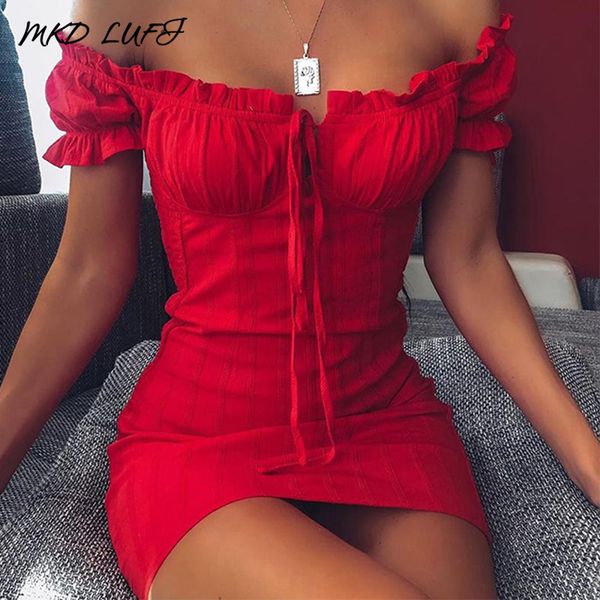 

off shoulder smocked bodycon dress women strapless ruffles mini red dresses ladies short party club vestidos kg-368, Black;gray