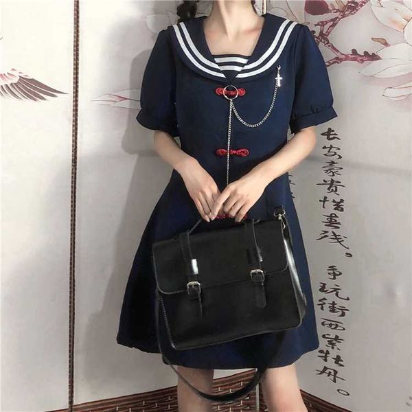 

casual dresses sweet preppy kawaii women 2021 summer soft girly cute sailor collar lace up bow chinese tie cos party dress vestidos, Black;gray