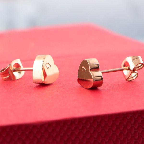 

luxury rose gold heart studs with brand logo design for women stainless steel elegant love earrings lovely girl earrings fashion, Golden;silver