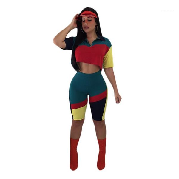 

zipper lapel neck tshirt with short sets women contrast color fashion clothes womens 2pcs patchwork summer tracksuits woman, Gray