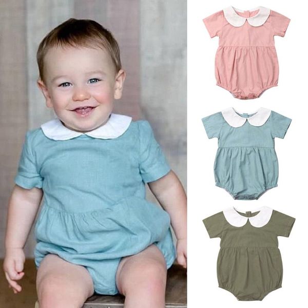 

2020 baby summer clothing newborn infant baby girls short sleeves bodysuits solid jumpsuit peter pan collar outfit clothes, White