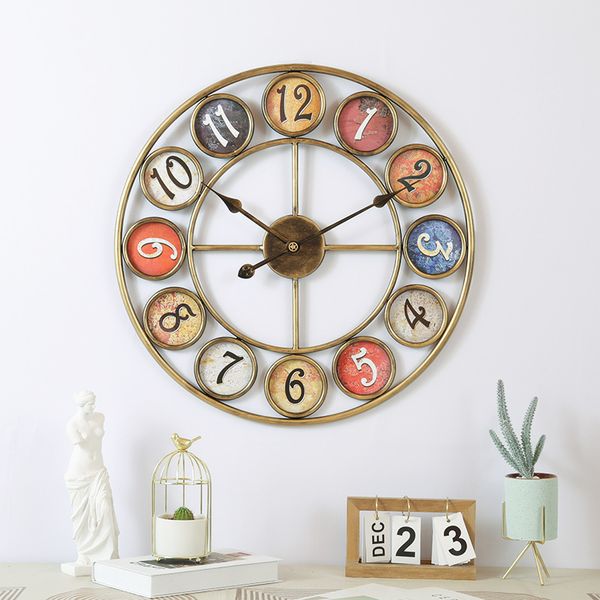 

european-style retro digital watch wrought iron round creative wall clock home living room bar hairdressing shop decorative wall clock