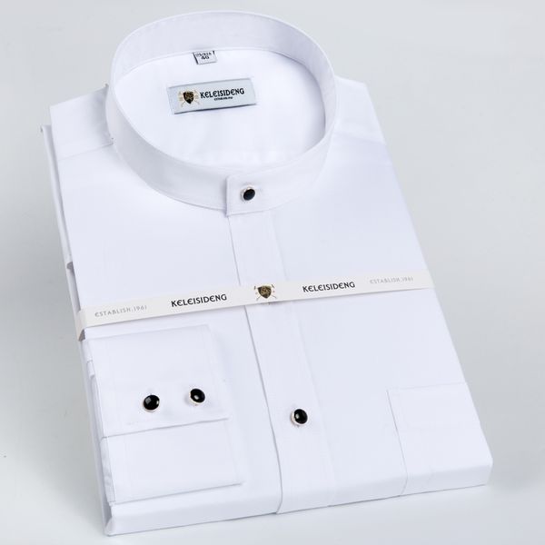 

men's banded collar long sleeve solid dress shirts single patch pocket standard-fit formal business casual blouse cotton shirt, White;black