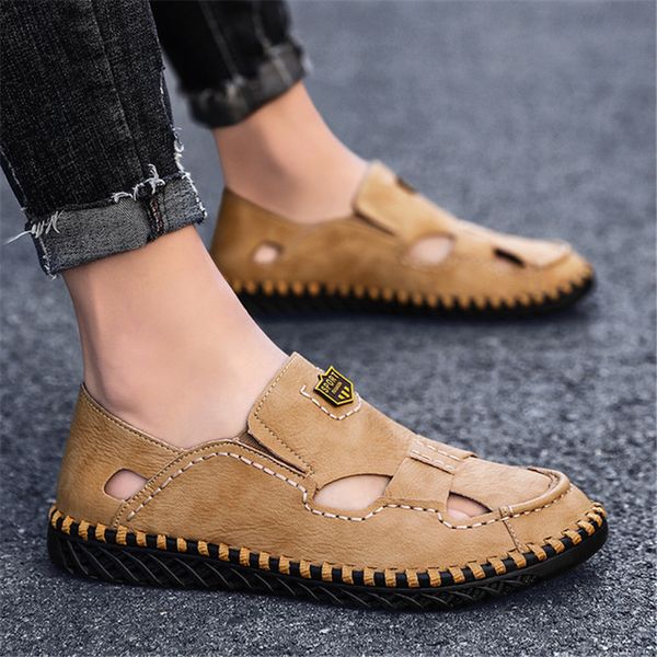 

summer men's sandals soft leather business casual shoes men's breathable design outdoor beach sandals roman water sneakers, Black