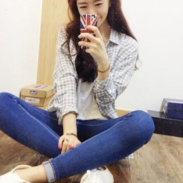 

women's jeans korean style slim stretch pencil women blue high waist denim vintage spring quality pants for 4 season