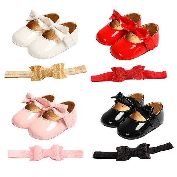 

baby girl bowknot shoes pu leather buckle first walkers with bow red black pink white soft soled non-slip headband two-piece set