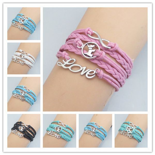 

love dog paw print to infinity love dogs bracelet charm black blue orange rope and mixed leather bracelet for woman and men, Golden;silver