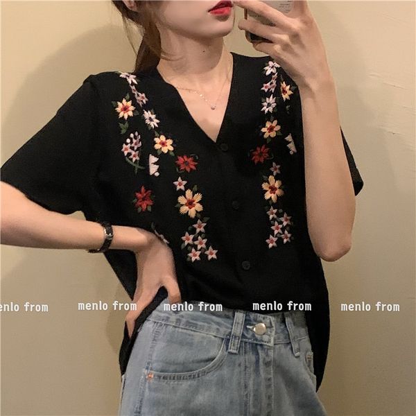 

syucu ins super flower embroidered black knitted short-sleeved for women 2020 summer new korean style all-match t-shirt t-shirt loose to, White
