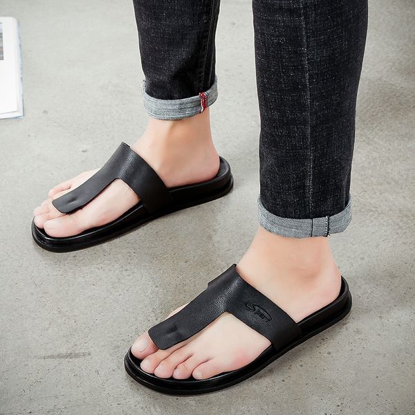 

flip flop flat black buckle slippers new fashion men sandals slip on genuine leather cow casual shoes