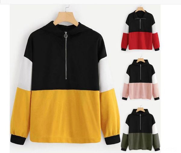 

fashion style hoodie collar long sleeve pulloverhoodie pullover contrast color stitching pullover sweater women's wear, Black