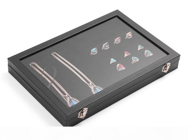 

large grade glass lid jewelry box necklaces rings earrings bracelets tray storage box jewelry holder, Black