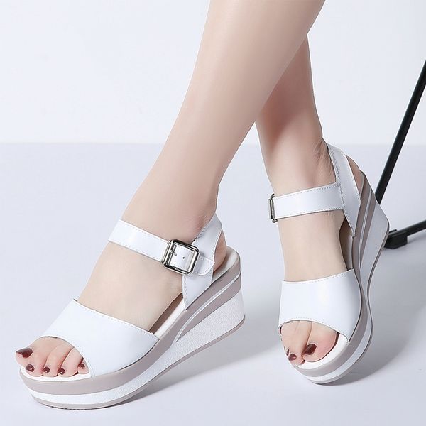 

2020 women sandals white flat sandals wedges heel summer women open toe platform sandalias ladies gladiator woman 8626, Black