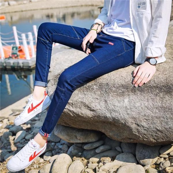 

men's jeans spring autumn 2021 fashion teenagers thin stretch slim feet pants black casual straight men korean, Blue
