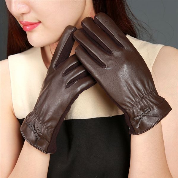 

season plus velvet warm women' touch screen warm butterfly gloves gloves bowknot diamond a variety of cute washed leather pure, Blue;gray