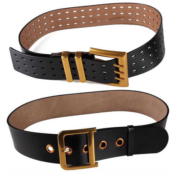 

leather wide women's fashion belt all-match decoration three-row pin buckle waist seal pure cowhide d letter buckle belt g197, Black;brown