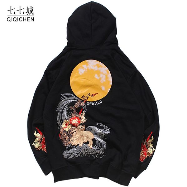 

mens hip hop hoodie sweatshirt embroidered floral full moon harajuku street hoodie pullover cotton autumn hipster, Black