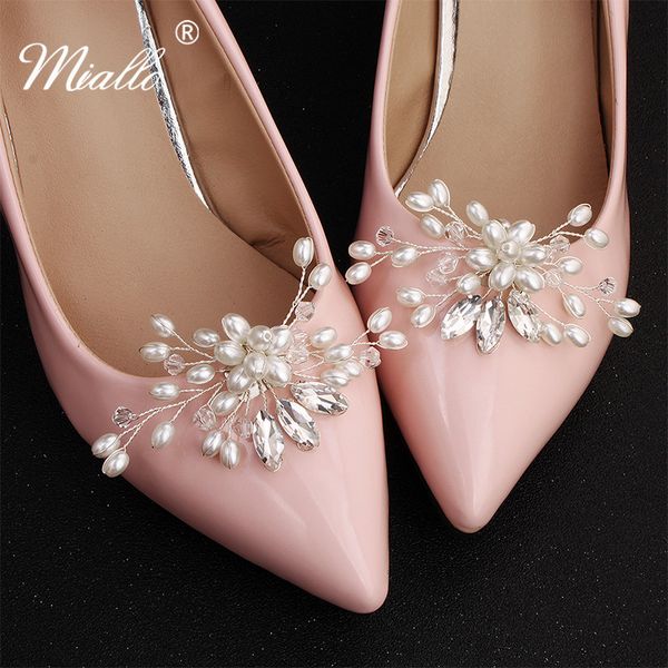 

miallo fashion pearls rhinestone handmade women bridal shoe clips crystal wedding shoe buckle for bride bridesmaid, Golden;silver