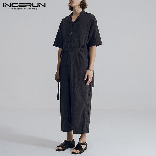 

incerun мужская мода cargo jumsuits man пуговицы joggers streetwear человек с коротким рукавом отворотом rompers solid color комбинезоны брю, Black