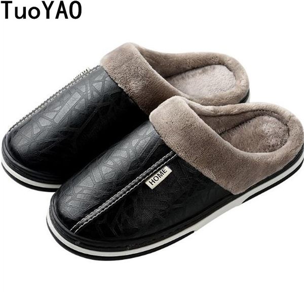 

new winter men pu leather slippers short plush warm slippers soft flat oxford non slip home flip flops casual shoes size 35-50, Black