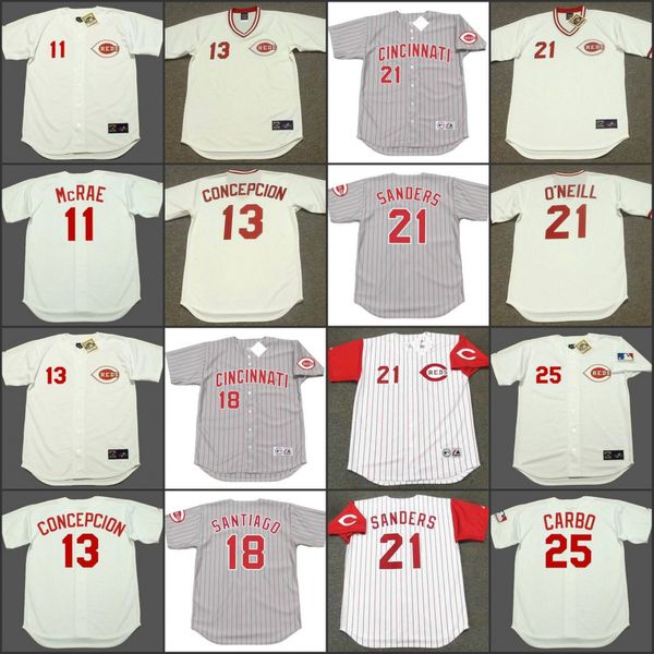 

cincinnati 21 deion sanders 13 dave concepcion 11 hal mcrae 18 benito santiago 25 bernie carbo throwback baseball jersey, Black