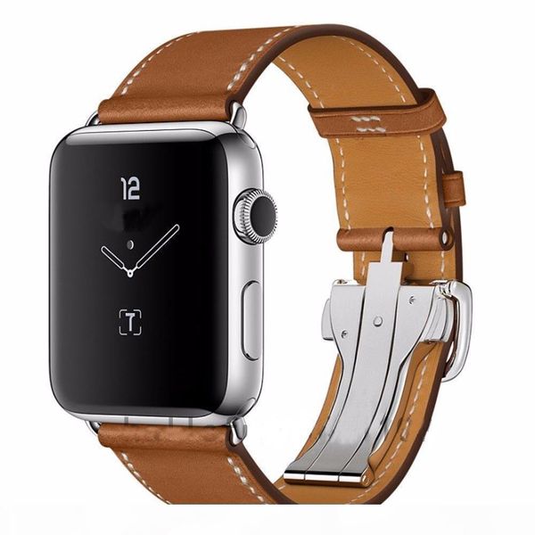 

r single tour brown genuine leather watchband series 2 band 1st 2nd stainless steel buckle wrist strap, Black;brown