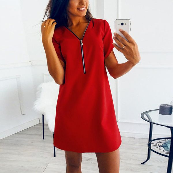 

summer womens clothing ladies short sleeve v neck zipper solid color dress casual solid comfortable dress for home dress bl0, Black;gray