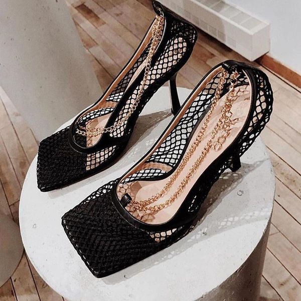 

mesh women sandals square toe high heel women pumps chain stiletto hollow party dress pumps shoes spring summer, Black