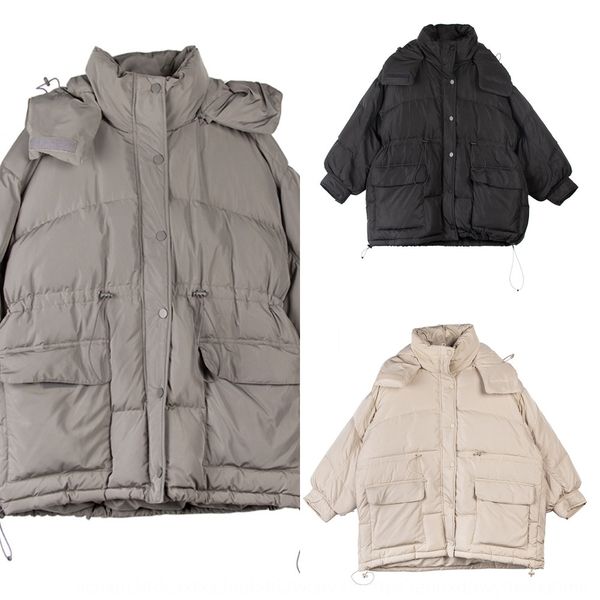 

пальто gjcoa женщин вниз куртка средней длины 2019 осень и зима новый корейский стиль свободный капюшоном белый утка вниз утолщенной пальто, Black