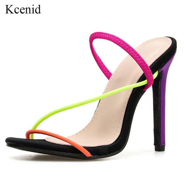 

kcenid 2020 new fashion woman open sandals summer thin high heels dress lady shoes slip on colorful party sandals plus size, Black
