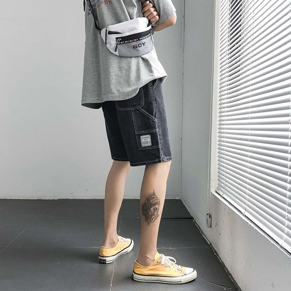 

ins loose denim men's korean style trendy hip-hop tooling casual shorts and shorts all-match couple five-point pants, Blue