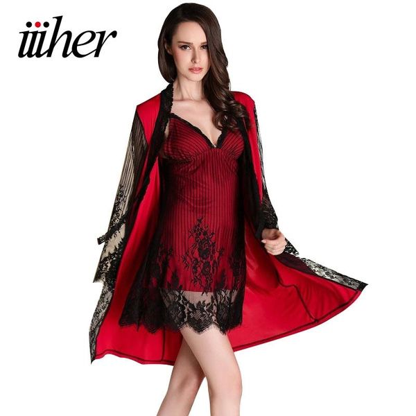 

wholesale- iiiher lingerie women set pajamas and robe sets nightwear dress silk robe ladies sleepwear nightgown women cardigans, Black;red