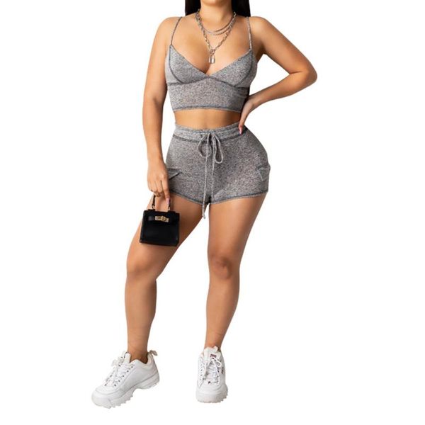 

2020 casual women's 2 pcs outfit set fitness exercise sport set solid v-neck camis crop high waist short clothes sets, White
