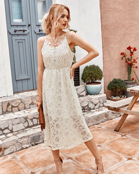 

fashion women solid color lace summer dress white v-neck sling calf dress 2020hollow out backless party maxi dress vestidos