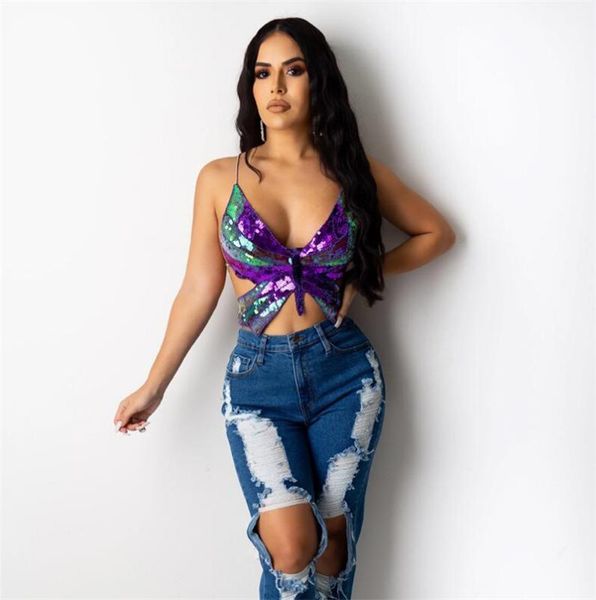 

women's tanks & camis summer club crop women sequined v neck slim vest tee lady night party short purple strap tank t shirt outfit, White