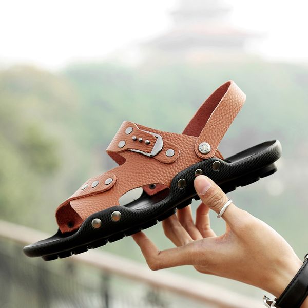 

sandles couro sandalia classic man sandali shoes summer sandalle genuino sandal slide hombre genuine sandalet cuero big leather, Black