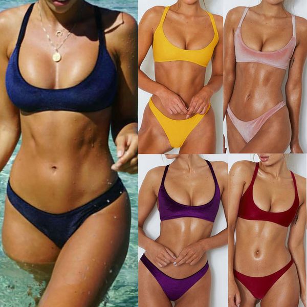 

2020 swimsuit women solid bandages velvet bikini sets two piece swimsuits swimwear beach suit bikini lingerie 10, White;black