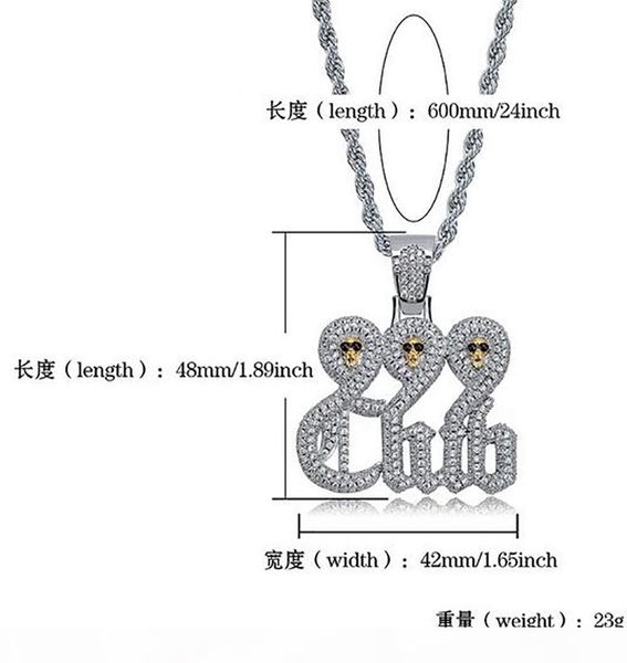 

u white gold skull 999 club pendant necklace with 60cm rope chain necklace cubic zirconia hip hop jewelry, Silver