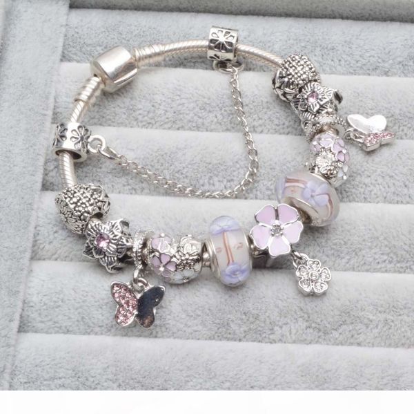 

fashion luxury diamond crystal diy european glass beads butterfly flower charm designer chain bangle bracelet for woman girls silver color, Golden;silver