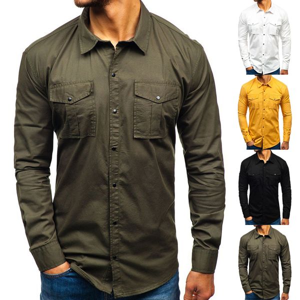 

men's casual blouse cotton long sleeve dress shirt men business slim shirt army cargo work double pockets, White;black