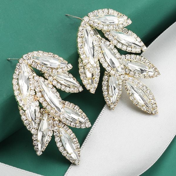 

earrings creative multi-layer leaf alloy diamond rhinestone s925 silver needle earrings female earrings cold wind, Golden