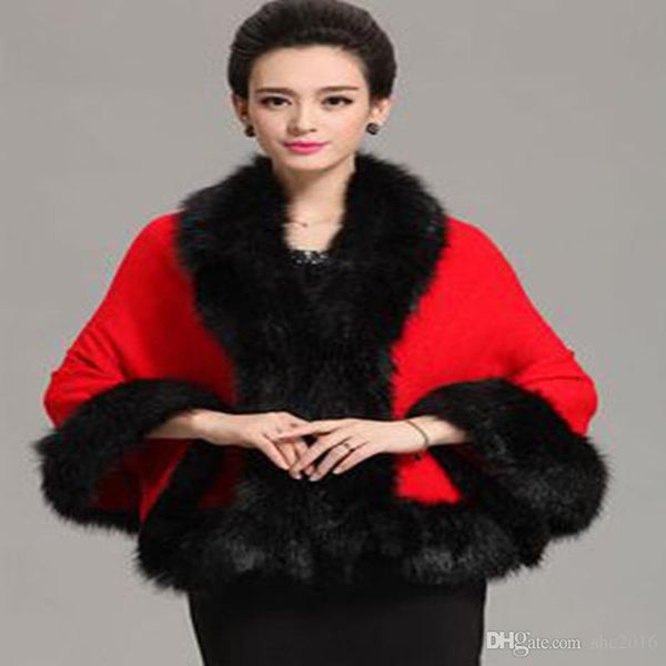 

популярная зима дизайнер шерсти вязать мода sense изогнутого искусственного fox fur жаккард плащ плащ кардиган knit женщины шаль шерсть co, Black