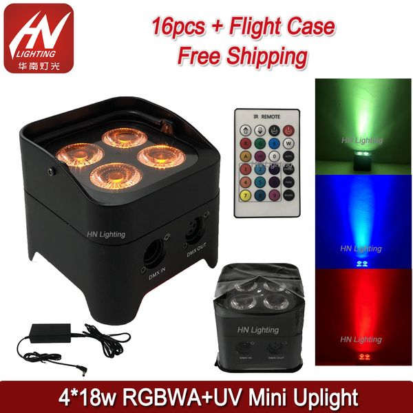 16pcs 4x18w RGBWA UV DJ par può illuminare il matrimonio Akku uplighting a batteria mini led uplight con flight case