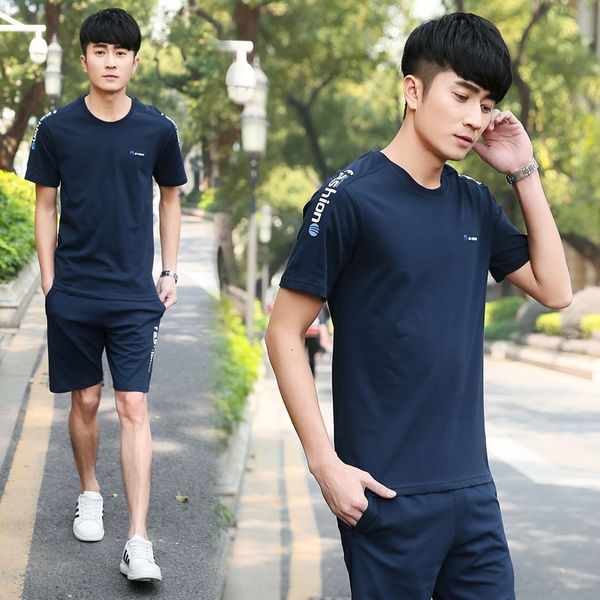 

gvush summer men's wear korean style fashion slim fit two-piece set youth outdoor sports suit outdoor sports short sleeve t-shirt short, Black;red
