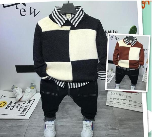 

boys clothes boys set stylish infant toddler baby kids outfits knit sweater + shirt + jeans 3pcs outfit set 2-6years, White
