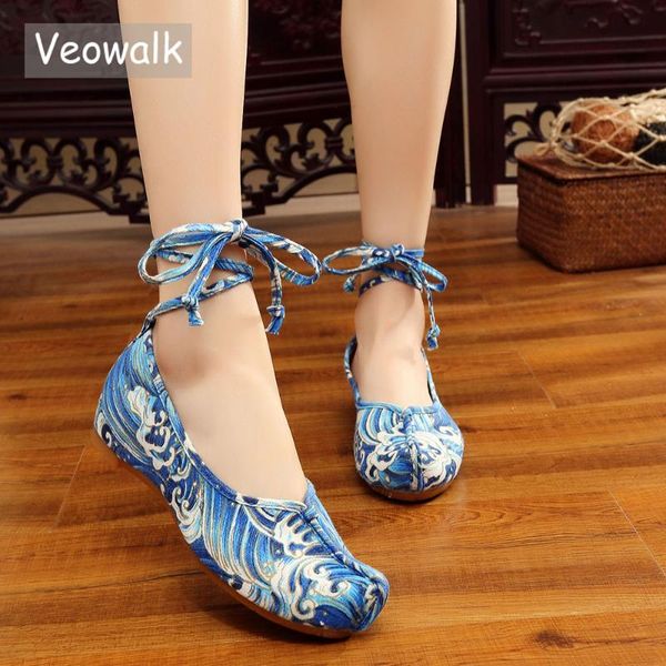 

veowalk handmade summer women's lace-up shoes chinese casual comfortable blue waves embroidered denim shoes big size 34-41, Black