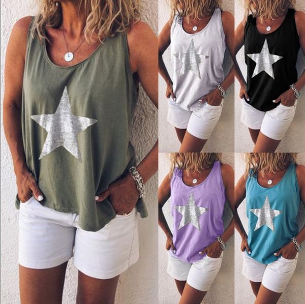 

2020 women's printed five-pointed star round collar 2020 women's t-shirt printed five-pointed star round collar vest t-shirt vest, Camo