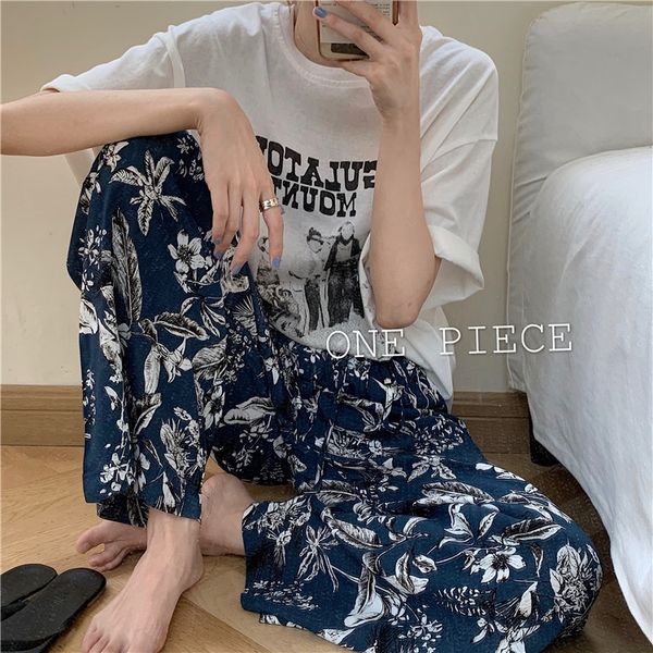 

hollow-out printed loose short-sleeved pants t-shirt casual pants t-shirt on back + holiday style floral loose casual trousers, Gray
