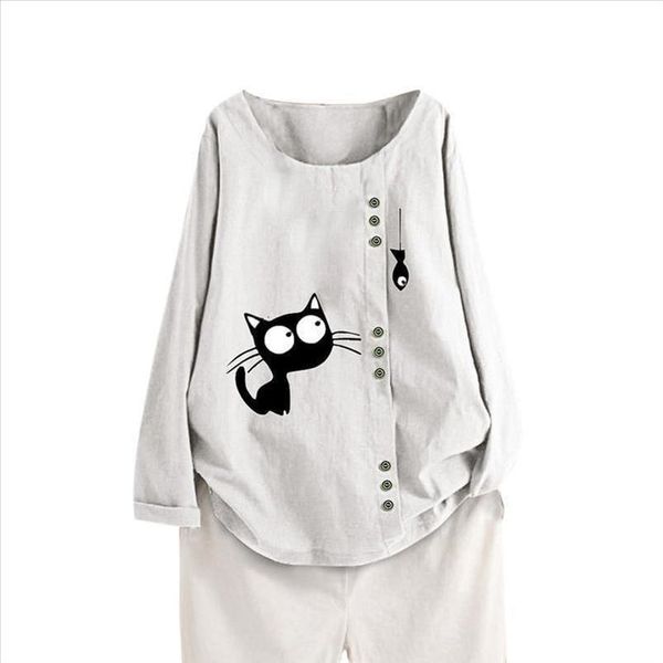 

plus size cotton and linen blouse for women kawaii black cats printing shirt casual loose long sleeve o neck blusas, White